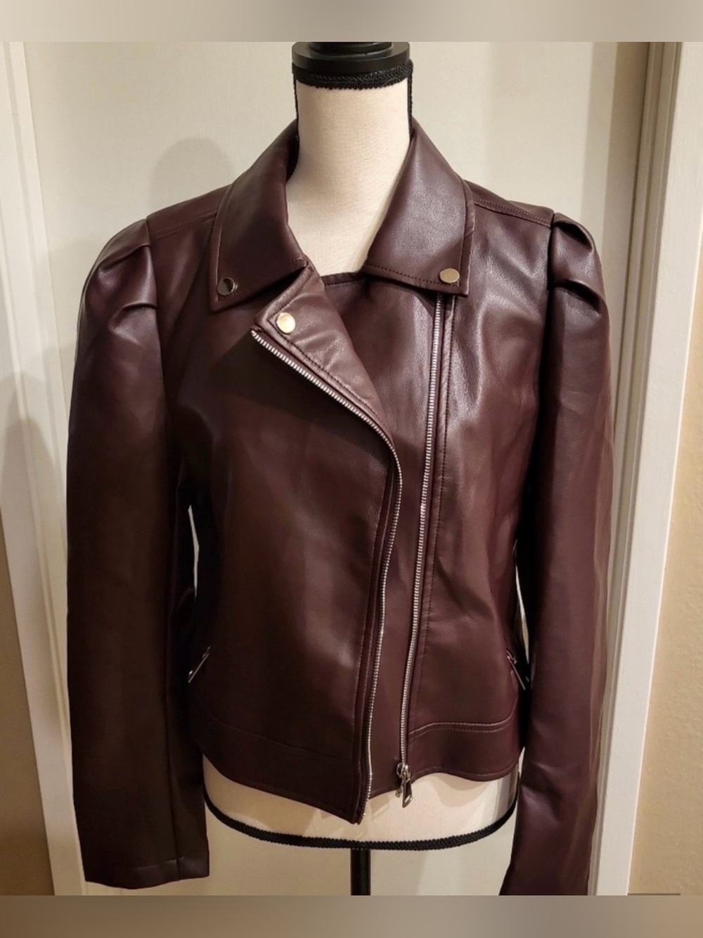 Laundry by Shelli Segal Pleather Motor Jacket in dark burgundy/maroon